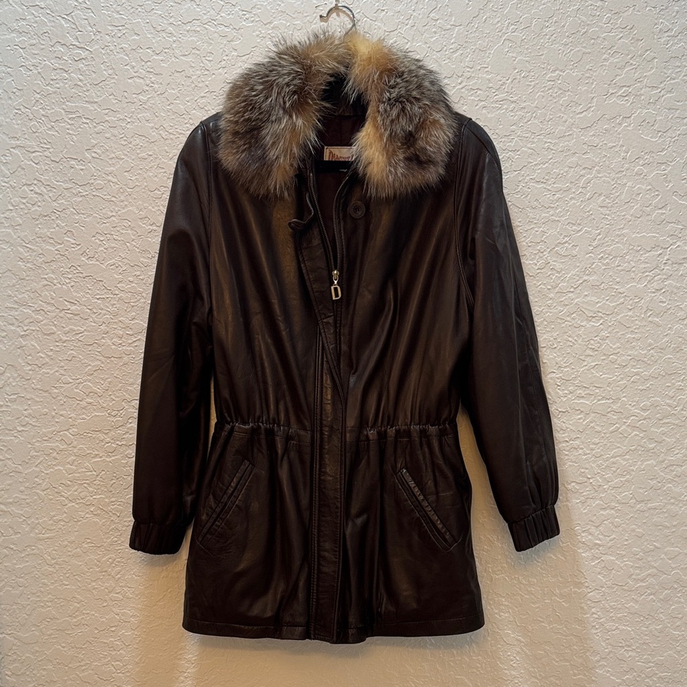 Damselle New York Vintage Women’s  Brown Soft Leather Jacket Lamb Fur Collar M
